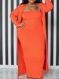 Two Piece Plus Size Solid Color Tube Dress Cardigan Set