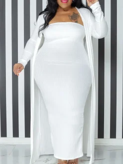 Two Piece Plus Size Solid Color Tube Dress Cardigan Set