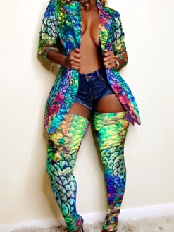 Two Piece Print Jacket High Footless Stockings Set