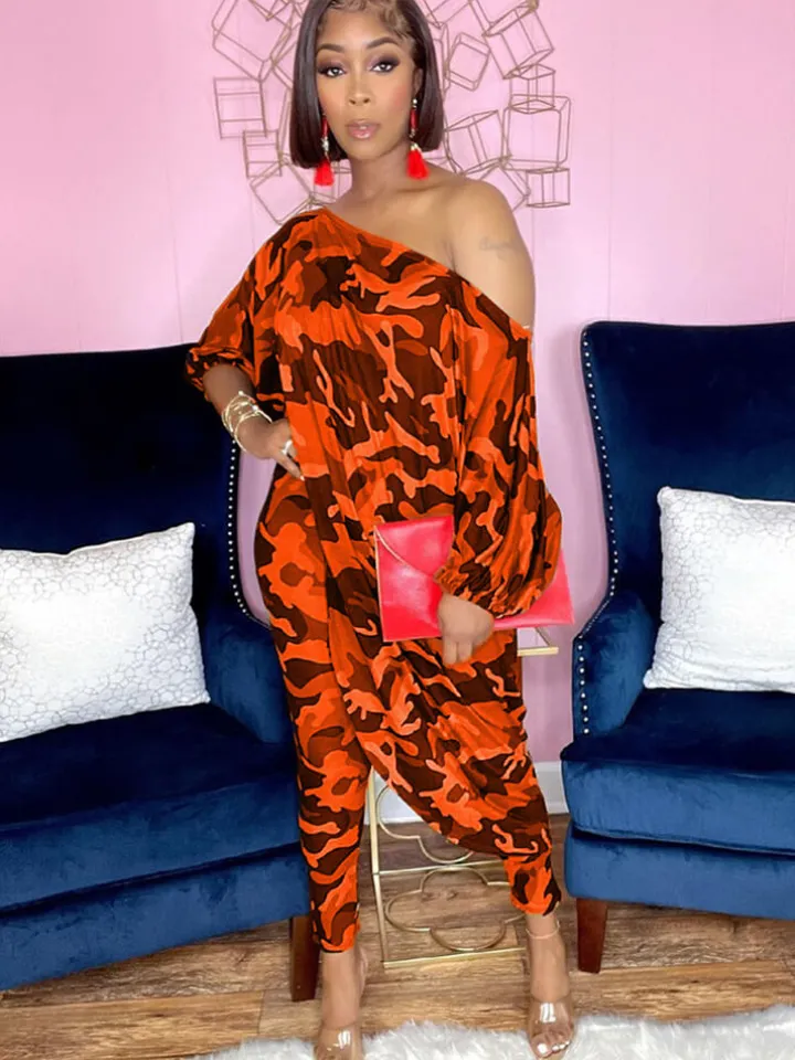 Two Piece Printed Irregular Top Skinny Long Pants