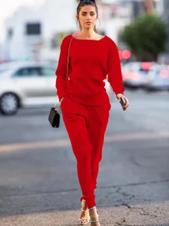 Two Piece Pullover Solid Color Top Pants Set