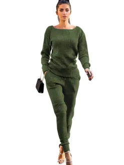 Two Piece Pullover Solid Color Top Pants Set