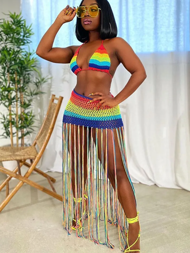 Two Piece Rainbow Tassels Skirt Swimsuit