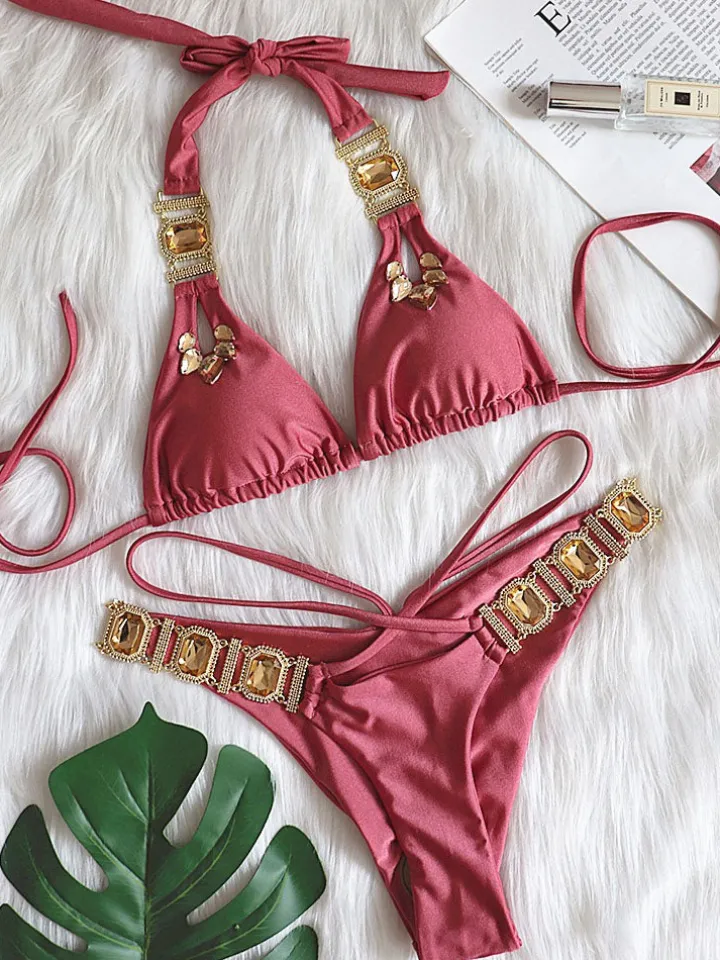 Two Piece Rhinestone Halter Bikini Swimsuit