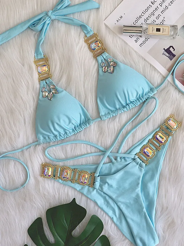 Two Piece Rhinestone Halter Bikini Swimsuit