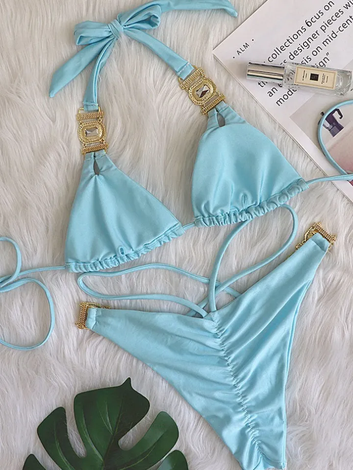 Two Piece Rhinestone Halter Bikini Swimsuit