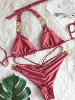 Two Piece Rhinestone Halter Bikini Swimsuit