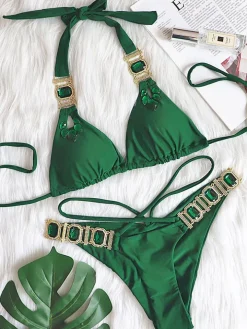 Two Piece Rhinestone Halter Bikini Swimsuit