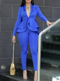 Two Piece Ruffle Blazer Bodycon Long Pants