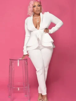 Two Piece Ruffle Blazer Bodycon Long Pants