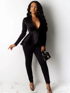 Two Piece Ruffled Blazer Pants Suit