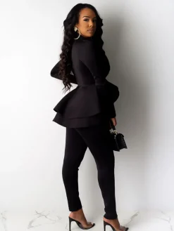 Two Piece Ruffled Blazer Pants Suit