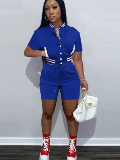 Two Piece Short Sleeve Color Block Baseball Tracksuit