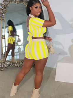 Two Piece Short Sleeve Striped Crop Top Shorts