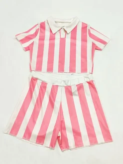Two Piece Short Sleeve Striped Crop Top Shorts