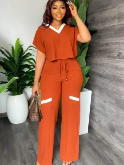 Two Piece Short Sleeve Top Drawstring Pants
