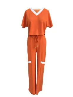 Two Piece Short Sleeve Top Drawstring Pants