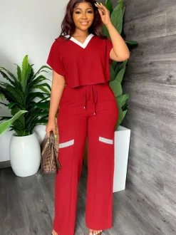 Two Piece Short Sleeve Top Drawstring Pants