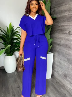 Two Piece Short Sleeve Top Drawstring Pants