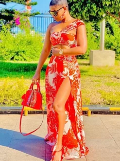 Two Piece Sleeveless Floral Crop Top Maxi Skirts