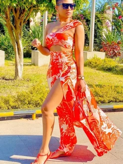 Two Piece Sleeveless Floral Crop Top Maxi Skirts