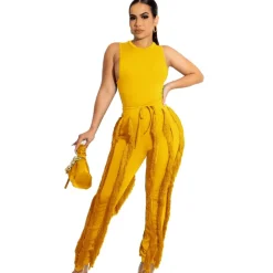 Two Piece Sleeveless Top Tassel Pants