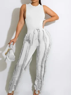 Two Piece Sleeveless Top Tassel Pants