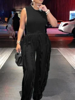 Two Piece Sleeveless Top Tassel Pants