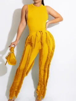 Two Piece Sleeveless Top Tassel Pants