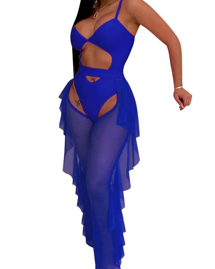 Two Piece Sling Crop Top Ruffle Long Pant