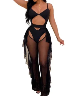 Two Piece Sling Crop Top Ruffle Long Pant