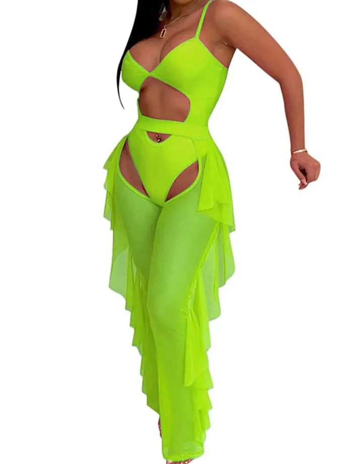 Two Piece Sling Crop Top Ruffle Long Pant