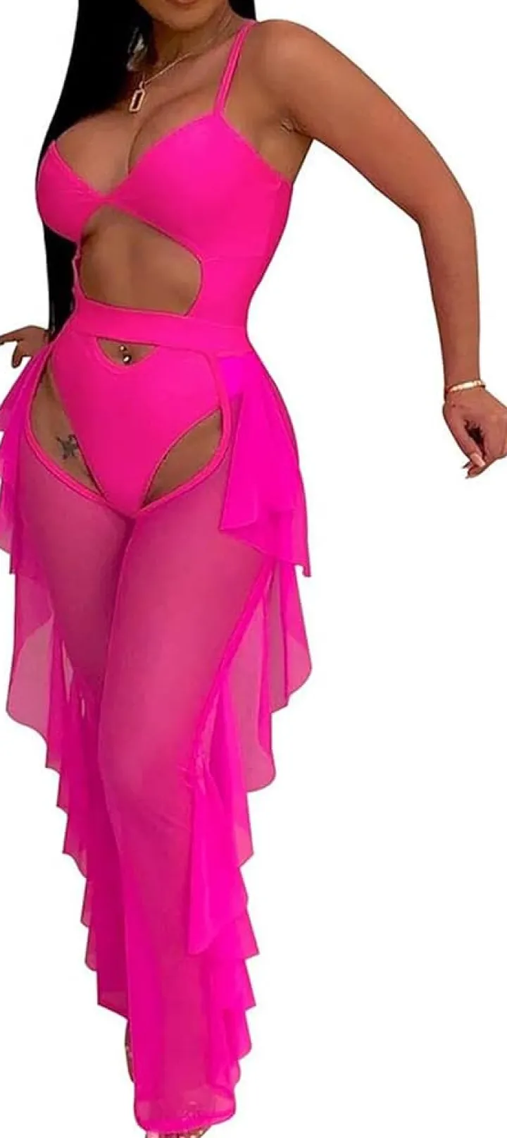 Two Piece Sling Crop Top Ruffle Long Pant