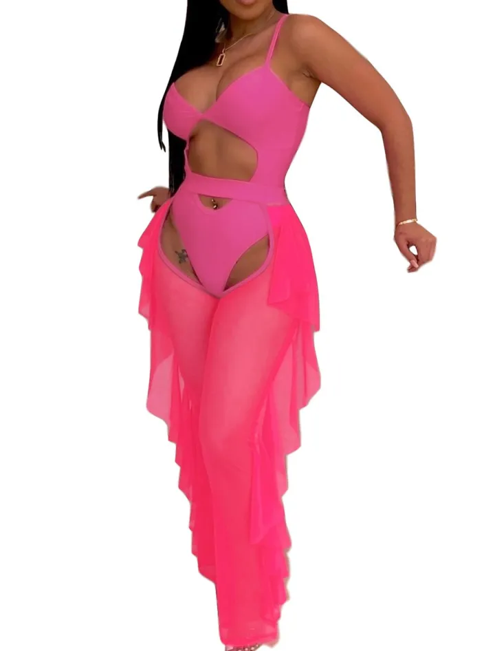 Two Piece Sling Crop Top Ruffle Long Pant