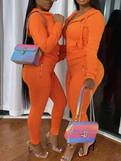 Two Piece Solid Color Hoodie Zip-Up Tracksuit