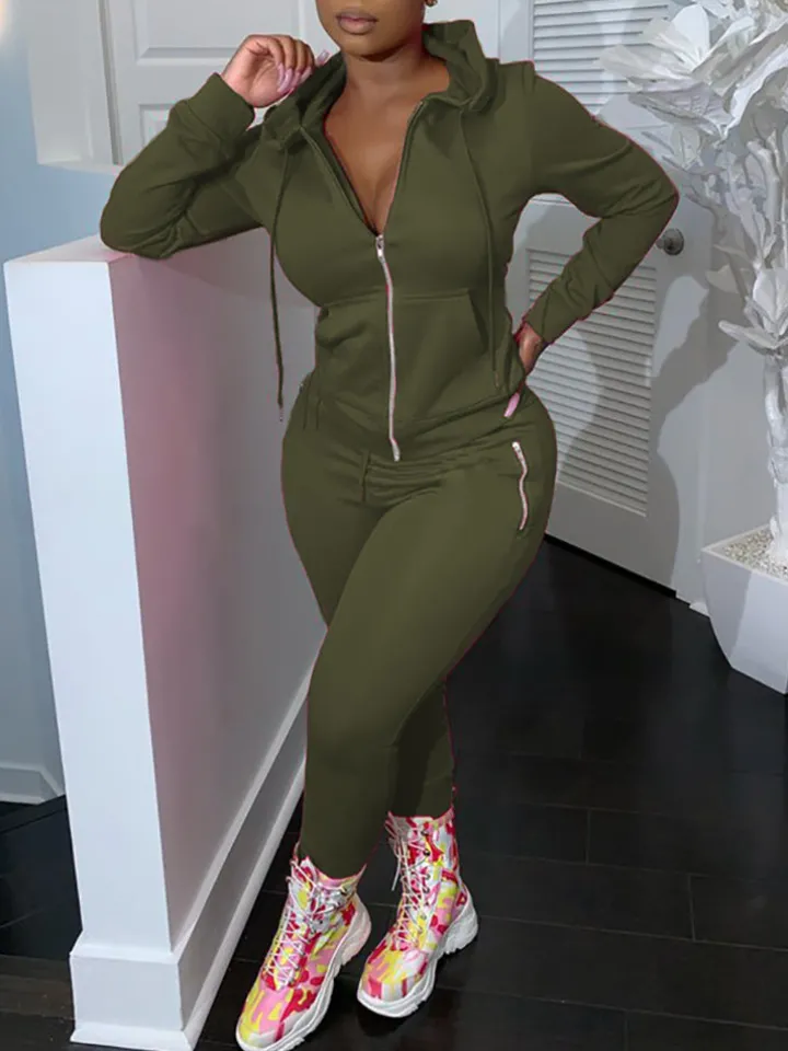 Two Piece Solid Color Hoodie Zip-Up Tracksuit