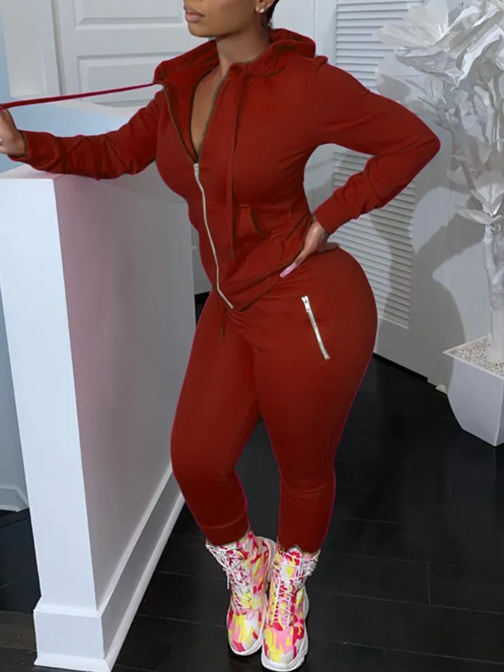 Two Piece Solid Color Hoodie Zip-Up Tracksuit