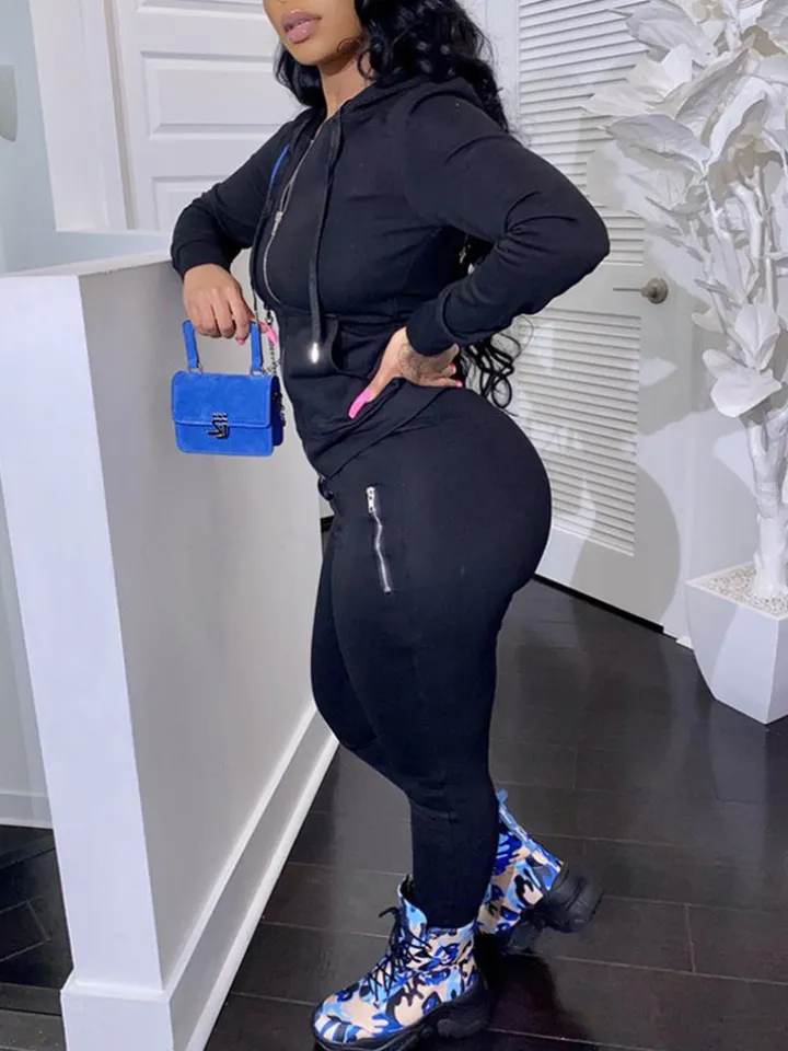 Two Piece Solid Color Hoodie Zip-Up Tracksuit