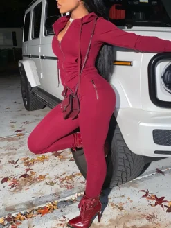 Two Piece Solid Color Hoodie Zip-Up Tracksuit