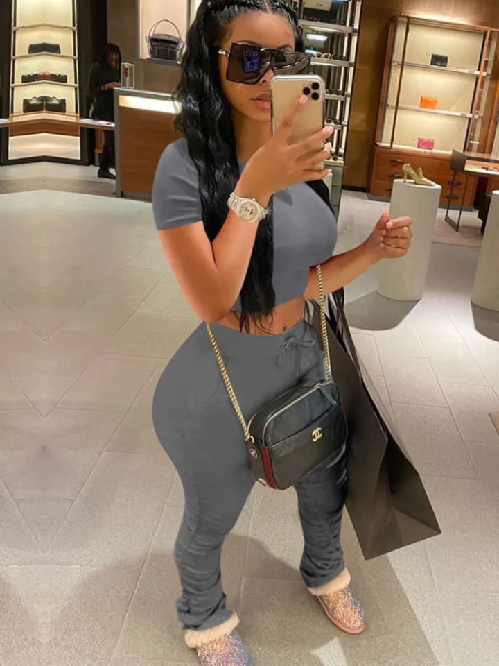 Two Piece Solid Color Short Sleeve Top Long Pants