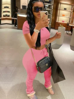 Two Piece Solid Color Short Sleeve Top Long Pants