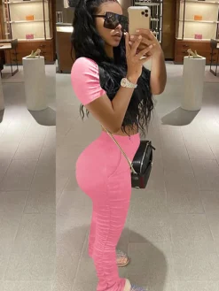 Two Piece Solid Color Short Sleeve Top Long Pants