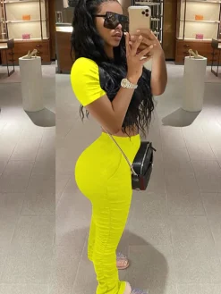 Two Piece Solid Color Short Sleeve Top Long Pants