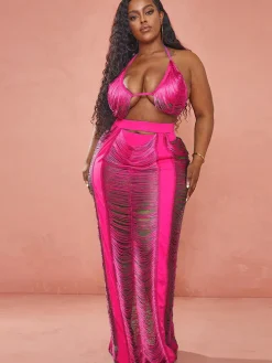 Two Piece Tassel Top Hollow Out Maxi Skrits