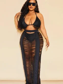 Two Piece Tassel Top Hollow Out Maxi Skrits