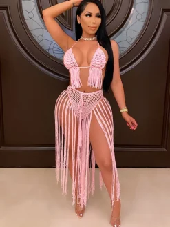 Two Piece Tassels Hollow Out Swimsuit