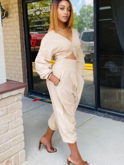 Two Piece V Neck Knot Crop Top Pants