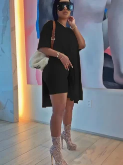 Two Piece V Neck Short Sleeve Top Bodycon Shorts