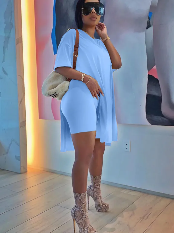 Two Piece V Neck Short Sleeve Top Bodycon Shorts