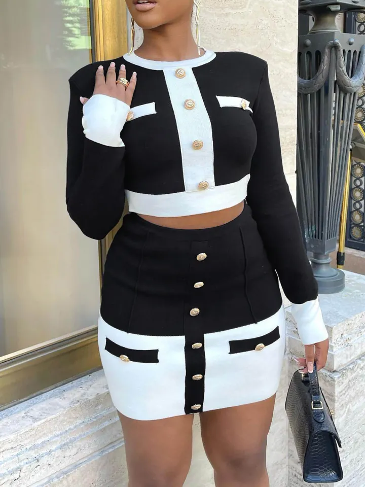 Two Pieces Color Block Button Front Skirt Set